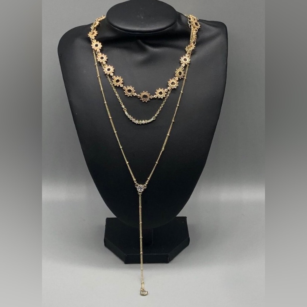 Express Necklace Gold Tone Multi Chain Layered Sun Rhinestone Y Shape 28"
